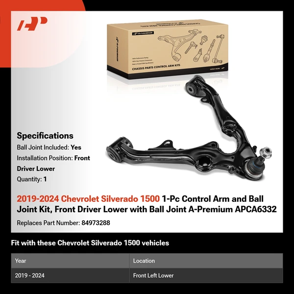 2019-2024 Chevrolet Silverado 1500 1-Pc Control Arm and Ball Joint Kit, Front Driver Lower with Ball Joint A-Premium APCA6332