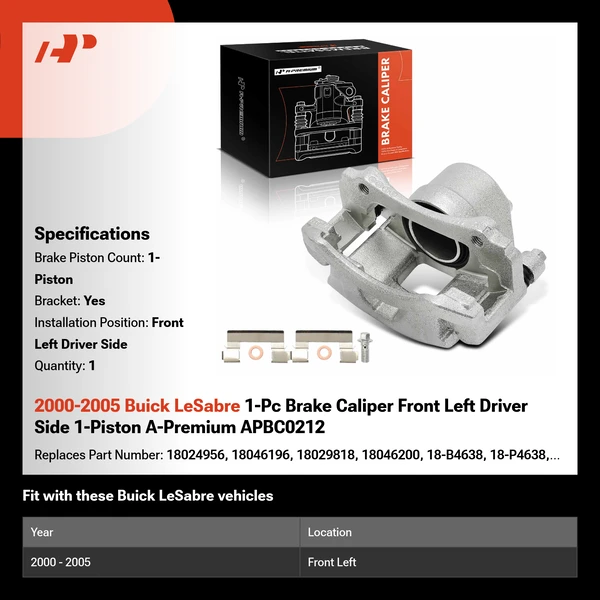2000-2005 Buick LeSabre 1-Pc Brake Caliper Front Left Driver Side 1-Piston A-Premium APBC0212