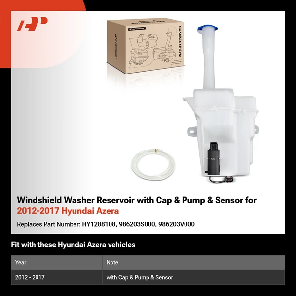 Windshield Washer Reservoir with Cap & Pump & Sensor for 2012-2017 Hyundai Azera