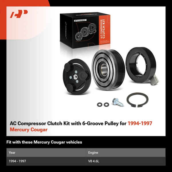 AC Compressor Clutch Kit with 6-Groove Pulley for 1994-1997 Mercury Cougar