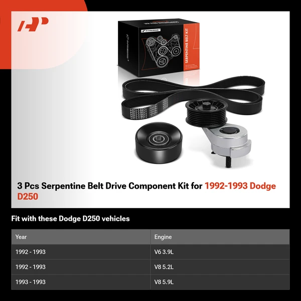 3 Pcs Serpentine Belt Drive Component Kit for 1992-1993 Dodge D250