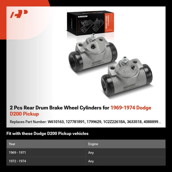 2 Pcs Rear Drum Brake Wheel Cylinders for 1969-1974 Dodge D200 Pickup
