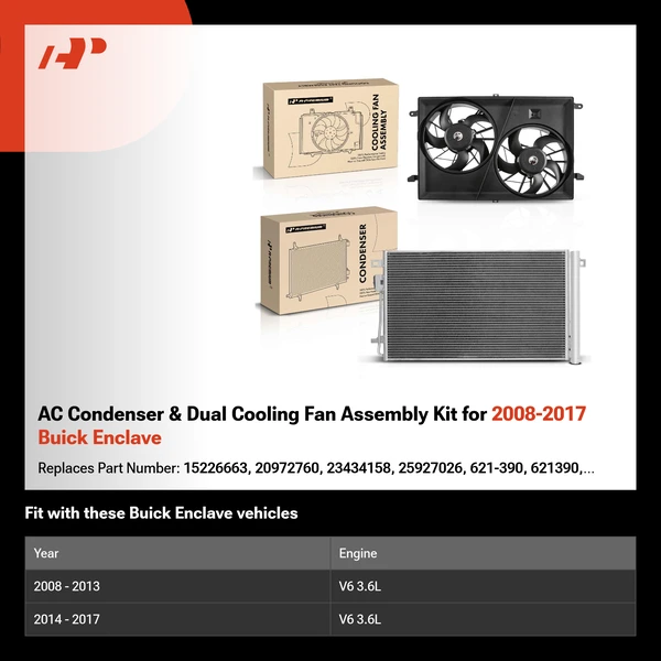 AC Condenser & Dual Cooling Fan Assembly Kit for 2008-2017 Buick Enclave