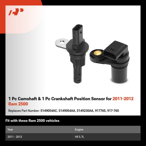 1 Pc Camshaft & 1 Pc Crankshaft Position Sensor for 2011-2012 Ram 2500