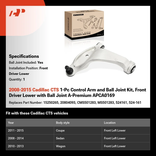2008-2015 Cadillac CTS 1-Pc Control Arm and Ball Joint Kit, Front Driver Lower with Ball Joint A-Premium APCA0169