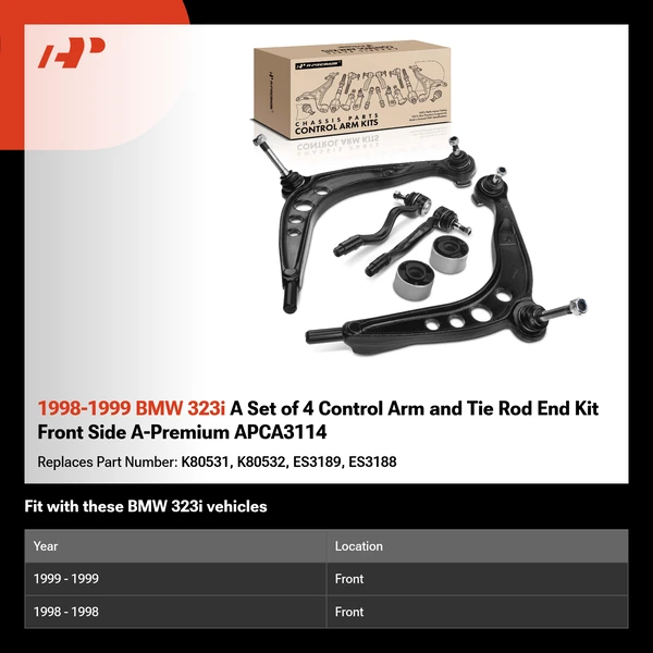 1998-1999 BMW 323i A Set of 4 Control Arm and Tie Rod End Kit Front Side A-Premium APCA3114