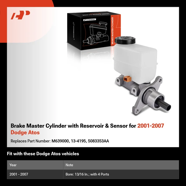 Brake Master Cylinder with Reservoir & Sensor for 2001-2007 Dodge Atos