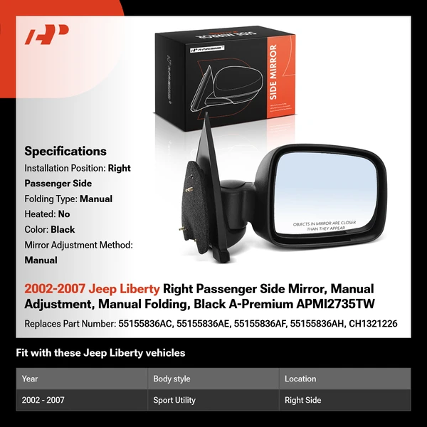 2002-2007 Jeep Liberty Right Passenger Side Mirror, Manual Adjustment, Manual Folding, Black A-Premium APMI2735TW