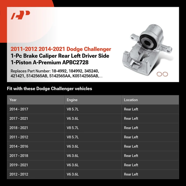 2011-2012 2014-2021 Dodge Challenger 1-Pc Brake Caliper Rear Left Driver Side 1-Piston A-Premium APBC2728