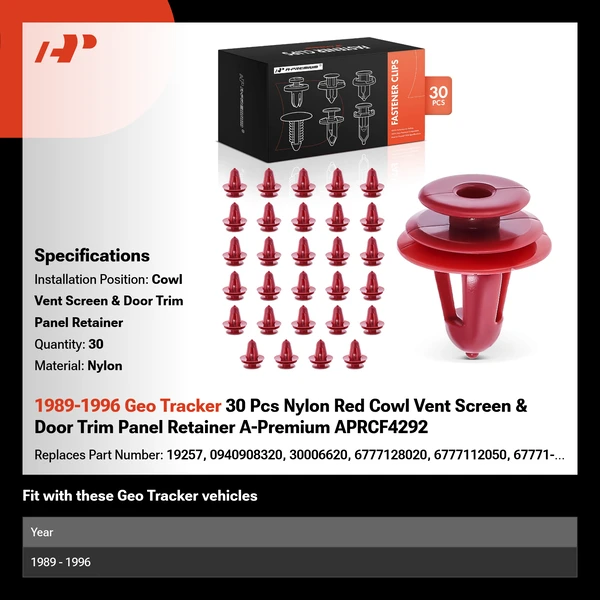 1989-1996 Geo Tracker 30 Pcs Nylon Red Cowl Vent Screen & Door Trim Panel Retainer A-Premium APRCF4292