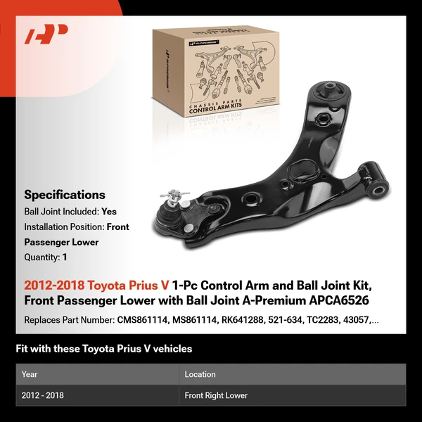 2012-2018 Toyota Prius V 1-Pc Control Arm and Ball Joint Kit, Front Passenger Lower with Ball Joint A-Premium APCA6526