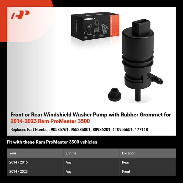 Front or Rear Windshield Washer Pump with Rubber Grommet for 2014-2023 Ram ProMaster 3500