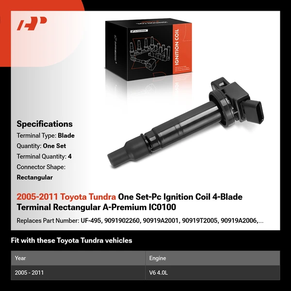 2005-2011 Toyota Tundra One Set-Pc Ignition Coil 4-Blade Terminal Rectangular A-Premium IC0100
