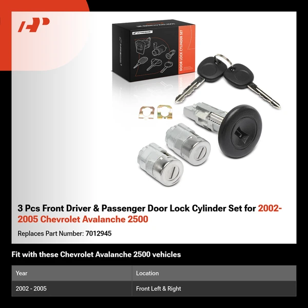 3 Pcs Front Driver & Passenger Door Lock Cylinder Set for 2002-2005 Chevrolet Avalanche 2500