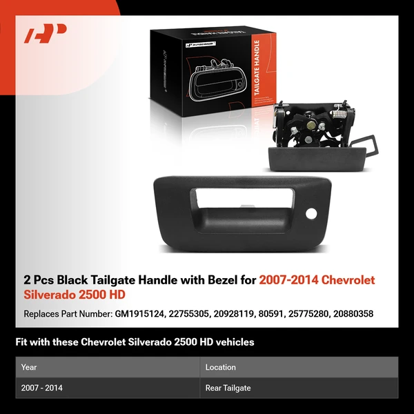2 Pcs Black Tailgate Handle with Bezel for 2007-2014 Chevrolet Silverado 2500 HD