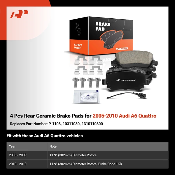 4 Pcs Rear Ceramic Brake Pads for 2005-2010 Audi A6 Quattro