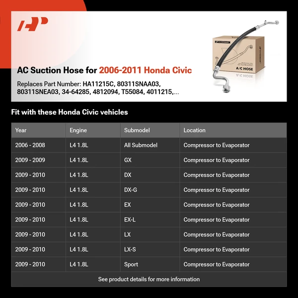AC Suction Hose for 2006-2011 Honda Civic