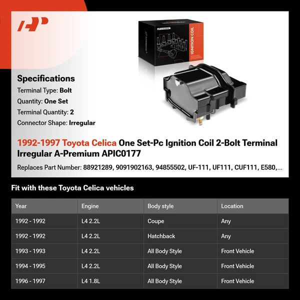 1992-1997 Toyota Celica One Set-Pc Ignition Coil 2-Bolt Terminal Irregular A-Premium APIC0177