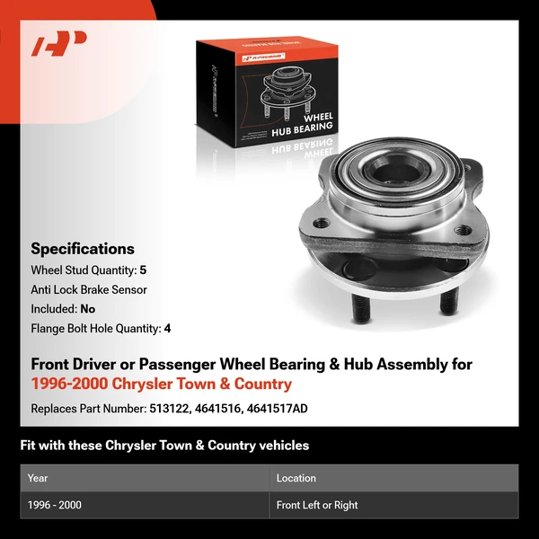 Front Driver or Passenger Wheel Bearing & Hub Assembly for 1996-2000 Chrysler Town & Country