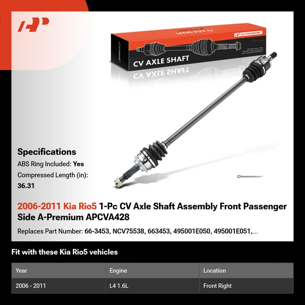 2006-2011 Kia Rio5 1-Pc CV Axle Shaft Assembly Front Passenger Side A-Premium APCVA428