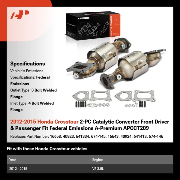 2012-2015 Honda Crosstour 2-PC Catalytic Converter Front Driver & Passenger Fit Federal Emissions A-Premium APCCT209