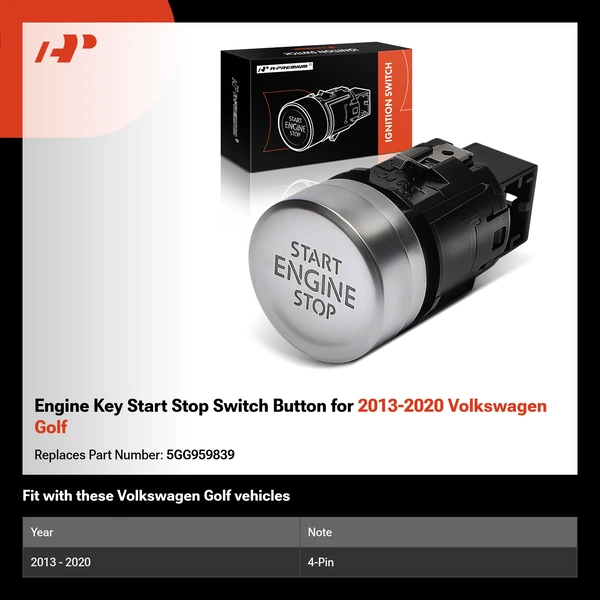 Engine Key Start Stop Switch Button for 2013-2020 Volkswagen Golf