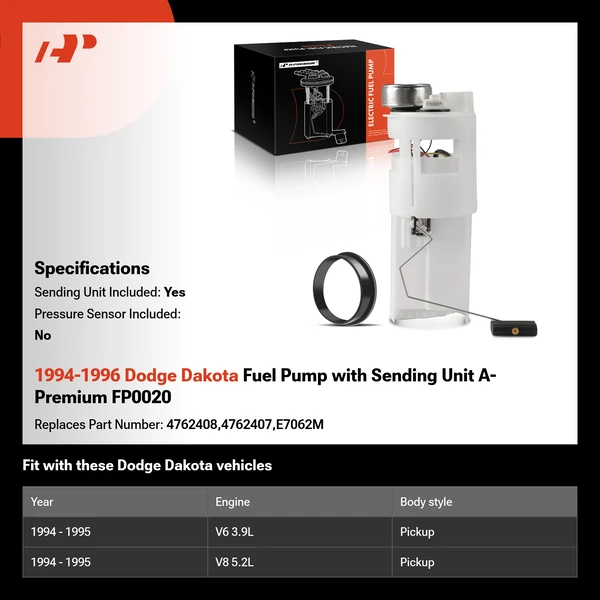 1994-1996 Dodge Dakota Fuel Pump with Sending Unit A-Premium FP0020