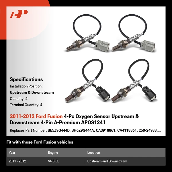 2011-2012 Ford Fusion 4-Pc Oxygen Sensor Upstream & Downstream 4-Pin A-Premium APOS1241