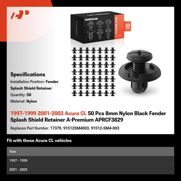 1997-1999 2001-2003 Acura CL 50 Pcs 8mm Nylon Black Fender Splash Shield Retainer A-Premium APRCF3829