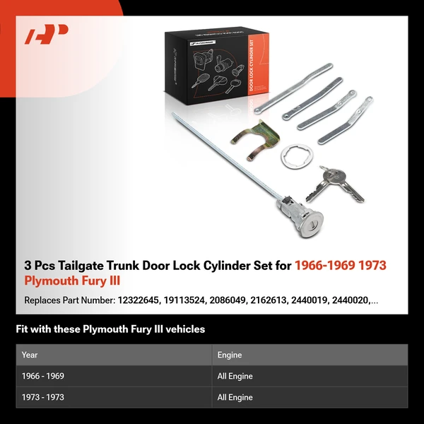 3 Pcs Tailgate Trunk Door Lock Cylinder Set for 1966-1969 1973 Plymouth Fury III