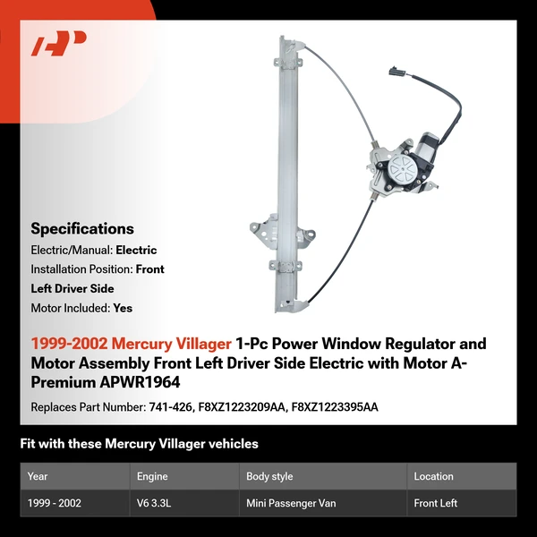 1999-2002 Mercury Villager 1-Pc Power Window Regulator and Motor Assembly Front Left Driver Side Electric with Motor A-Premium APWR1964