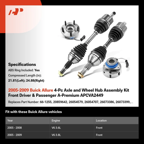 2005-2009 Buick Allure 4-Pc Axle and Wheel Hub Assembly Kit Front Driver & Passenger A-Premium APCVA2449