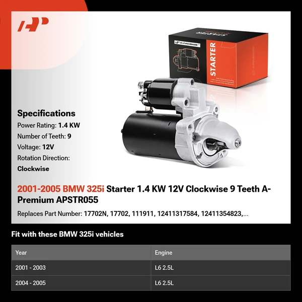 2001-2005 BMW 325i Starter 1.4 KW 12V Clockwise 9 Teeth A-Premium APSTR055