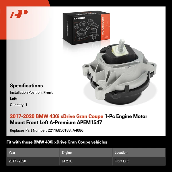 2017-2020 BMW 430i xDrive Gran Coupe 1-Pc Engine Motor Mount Front Left A-Premium APEM1547