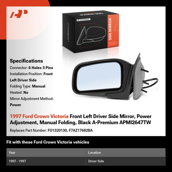 1997 Ford Crown Victoria Front Left Driver Side Mirror, Power Adjustment, Manual Folding, Black A-Premium APMI2647TW