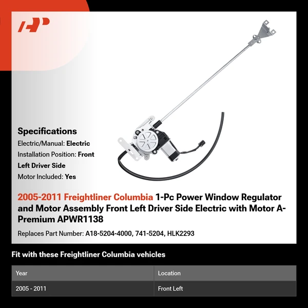2005-2011 Freightliner Columbia 1-Pc Power Window Regulator and Motor Assembly Front Left Driver Side Electric with Motor A-Premium APWR1138