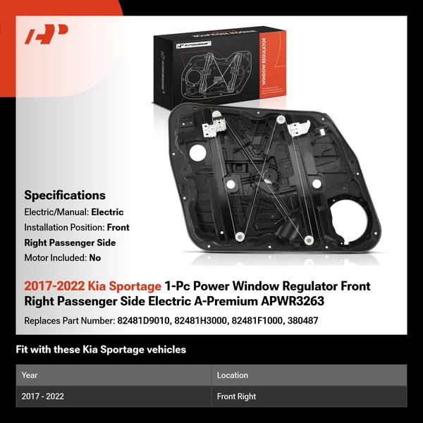 2017-2022 Kia Sportage 1-Pc Power Window Regulator Front Right Passenger Side Electric A-Premium APWR3263