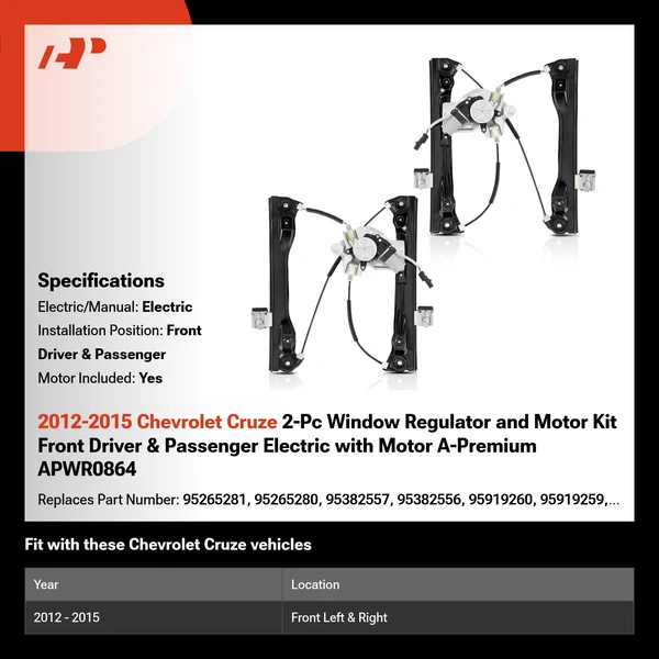 2012-2015 Chevrolet Cruze 2-Pc Window Regulator and Motor Kit Front Driver & Passenger Electric with Motor A-Premium APWR0864