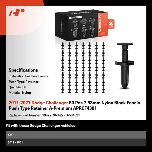 2011-2021 Dodge Challenger 50 Pcs 7.93mm Nylon Black Fascia Push Type Retainer A-Premium APRCF4381