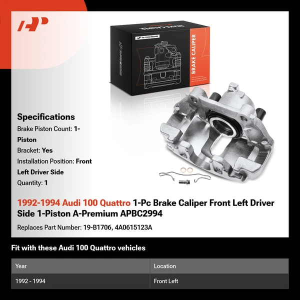 1992-1994 Audi 100 Quattro 1-Pc Brake Caliper Front Left Driver Side 1-Piston A-Premium APBC2994