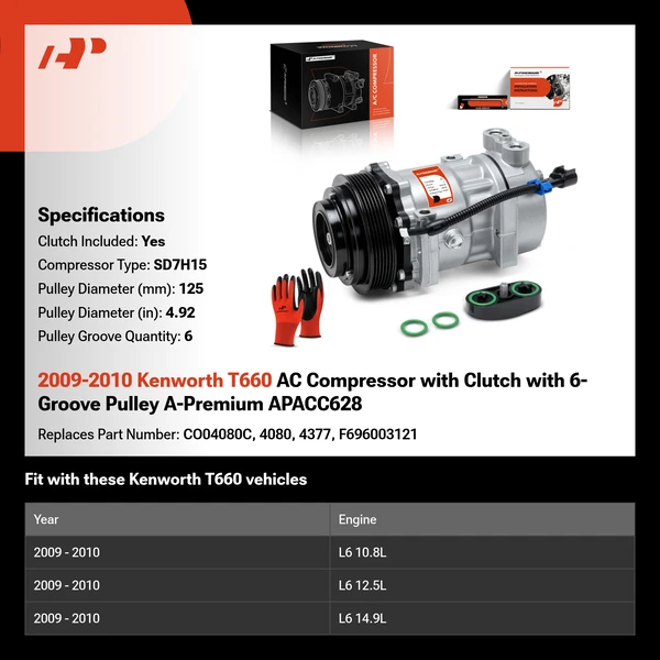 2009-2010 Kenworth T660 AC Compressor with Clutch with 6-Groove Pulley A-Premium APACC628