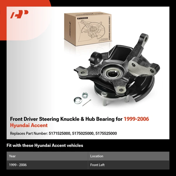 Front Driver Steering Knuckle & Hub Bearing for 1999-2006 Hyundai Accent