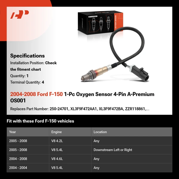 2004-2008 Ford F-150 1-Pc Oxygen Sensor 4-Pin A-Premium OS001