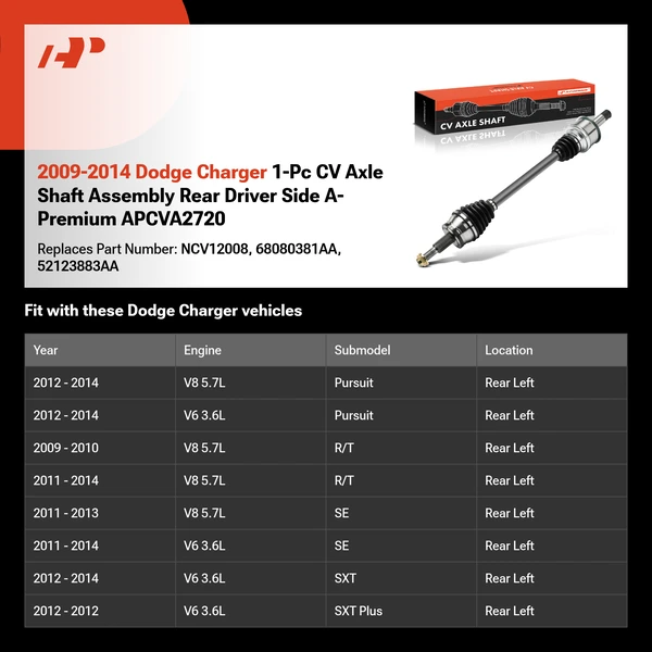 2009-2014 Dodge Charger 1-Pc CV Axle Shaft Assembly Rear Driver Side A-Premium APCVA2720