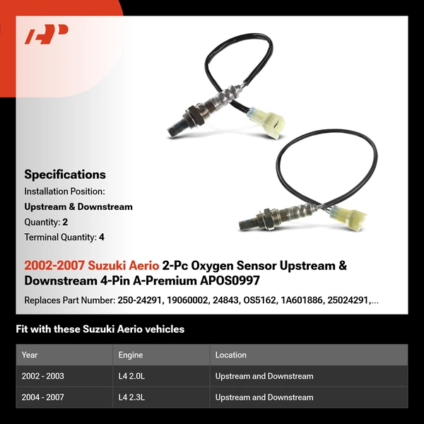 2002-2007 Suzuki Aerio 2-Pc Oxygen Sensor Upstream & Downstream 4-Pin A-Premium APOS0997
