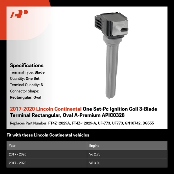 2017-2020 Lincoln Continental One Set-Pc Ignition Coil 3-Blade Terminal Rectangular, Oval A-Premium APIC0328