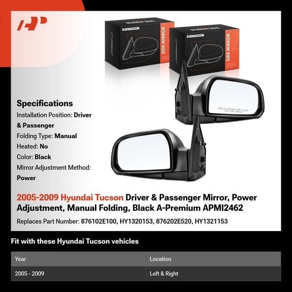 2005-2009 Hyundai Tucson Driver & Passenger Mirror, Power Adjustment, Manual Folding, Black A-Premium APMI2462