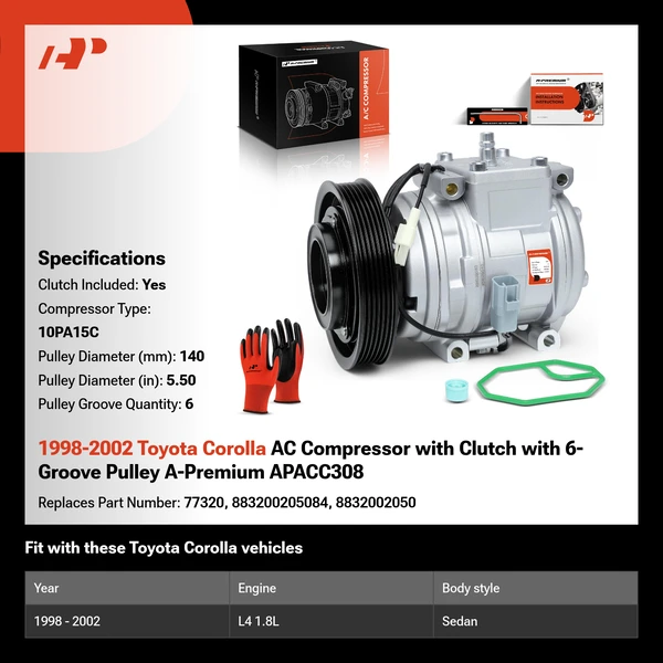 1998-2002 Toyota Corolla AC Compressor with Clutch with 6-Groove Pulley A-Premium APACC308