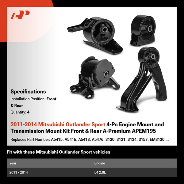 2011-2014 Mitsubishi Outlander Sport 4-Pc Engine Mount and Transmission Mount Kit Front & Rear A-Premium APEM195