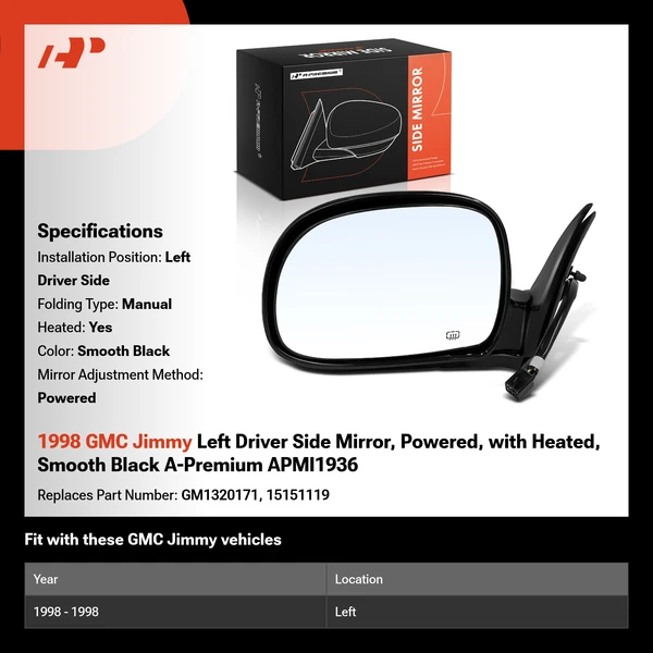 1998 GMC Jimmy Left Driver Side Mirror, Powered, with Heated, Smooth Black A-Premium APMI1936